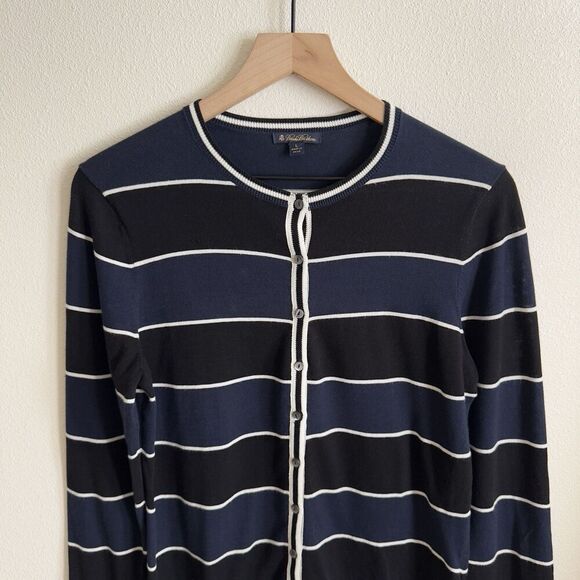 Brooks Brothers Sweater Womens Large Navy Striped Button Up Cotton Preppy Office - Picture 2 of 13